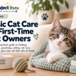 A young tabby kitten resting on a soft blanket with cat care items for first-time cat owners