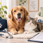 A cat and dog sitting calmly with pet health items for a vet care guide