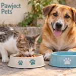 A stray cat and dog near clean food and water bowls