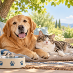 A dog and cat resting in the shade with water bowls on a hot day